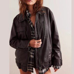 Free People Buckle Up Vegan Leather Moto Jacket Black Oversized Zip